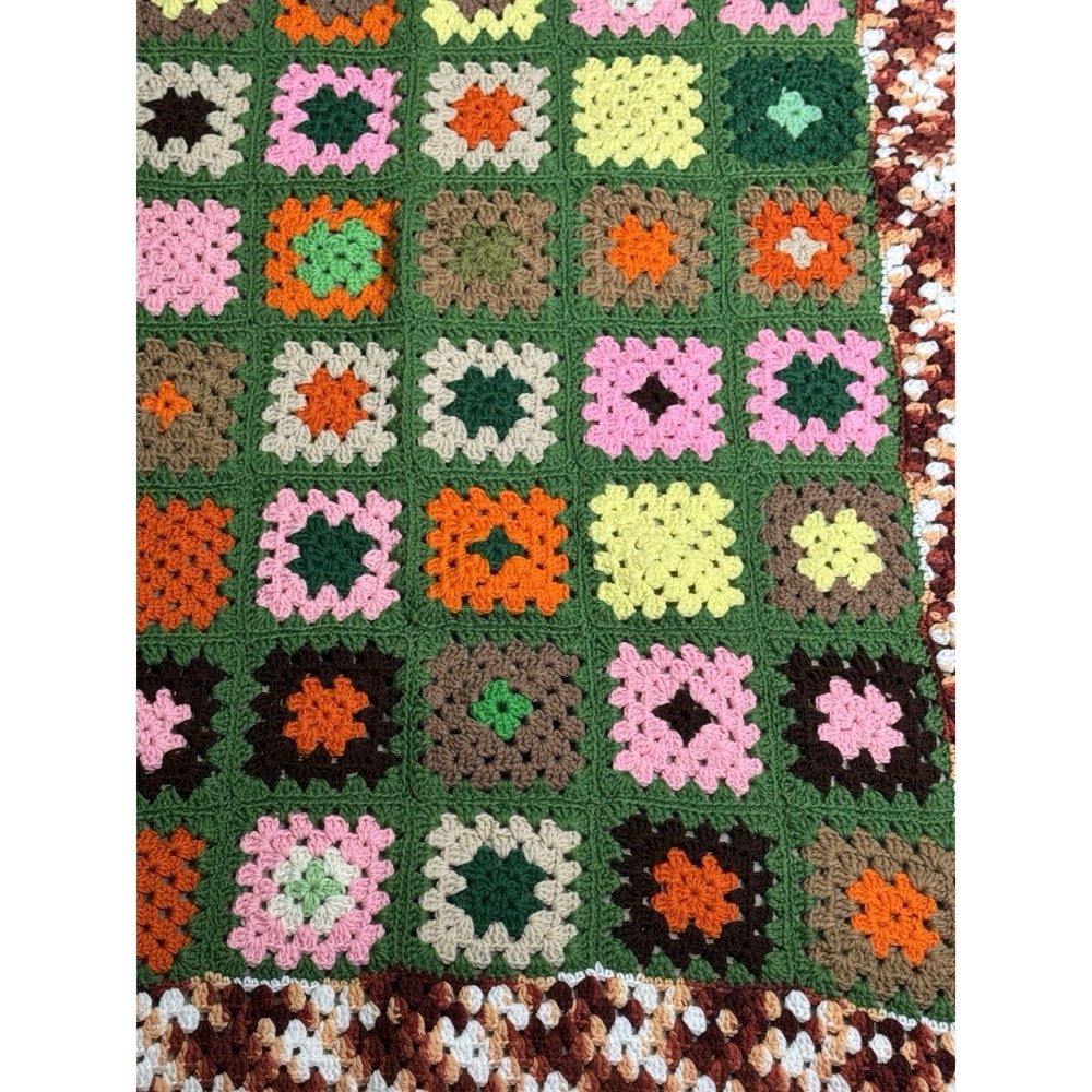 VTG Hand Crocheted Granny Square Afghan Throw | Floral | Green | 53" x 37"